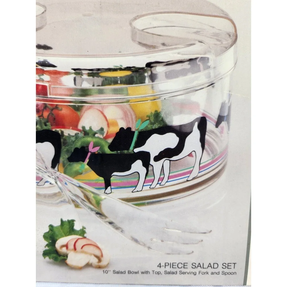 Cows Cows Cows! New Vintage 1987 Oneida Lucite Salad Bowl and Tongs Rare!